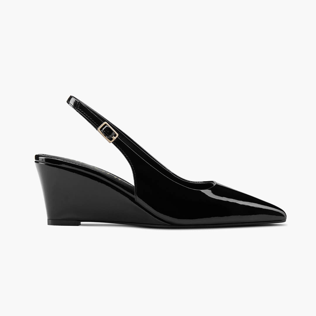 *ELLIOT - black patent slingback wedge