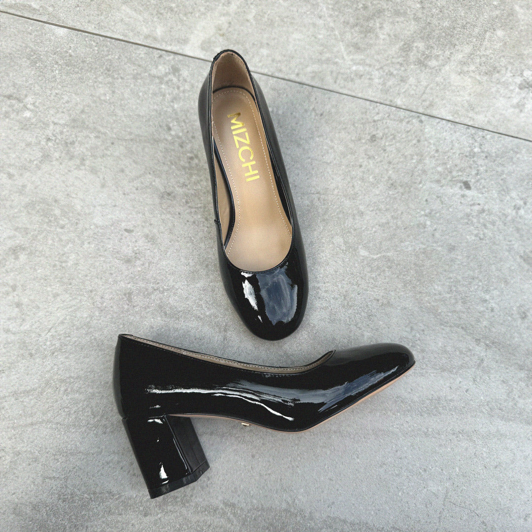 *FIONA - black patent chunky heel pump*